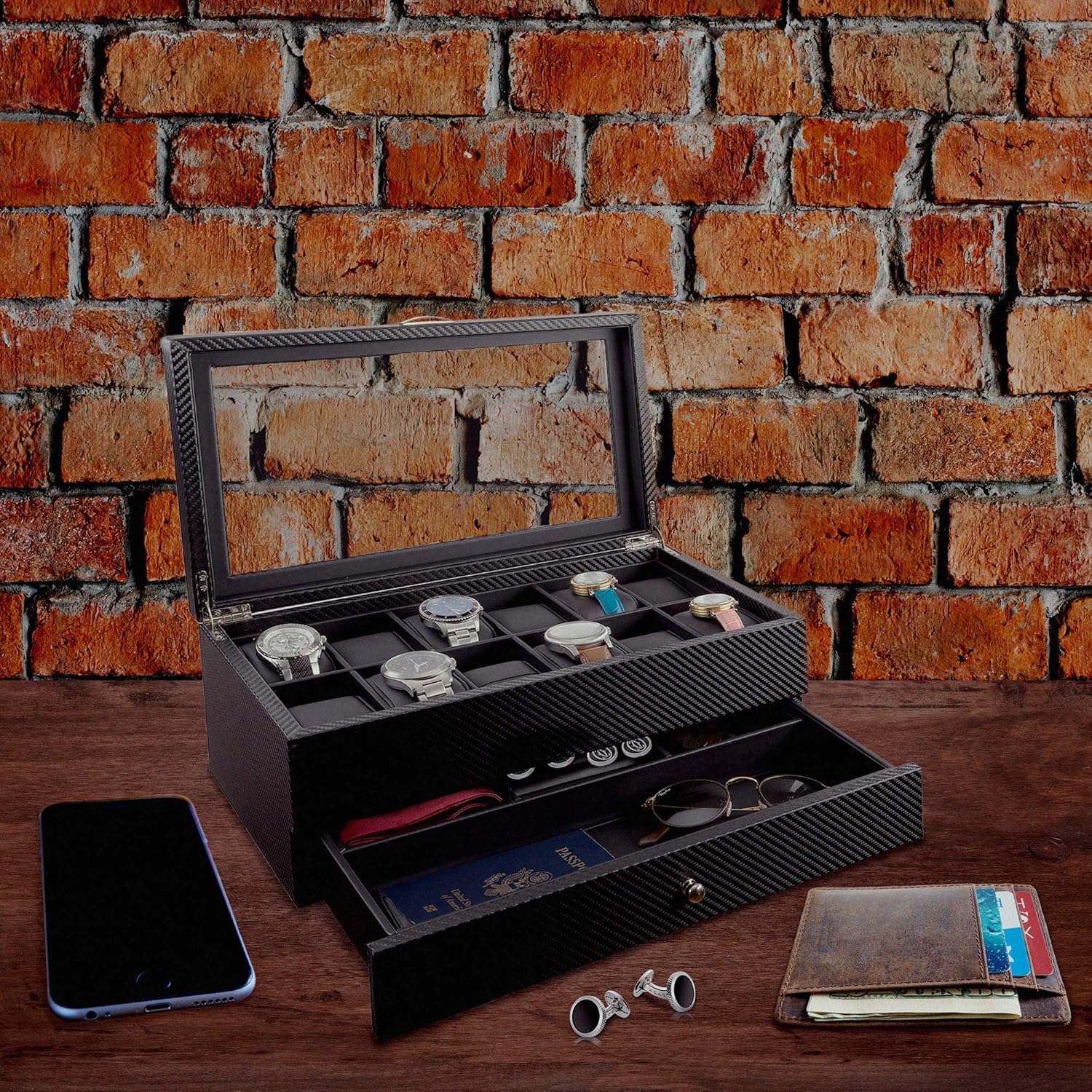 Watch Box- Display Case & Organizer For Men| First-Class Jewelry Watch Holder| 12 Watch Slots & Valet Drawer for Sunglasses, Rings, Phone| Sleek Black Color, Glass Top, Carbon Fiber, & Faux Leather: Home & Kitchen