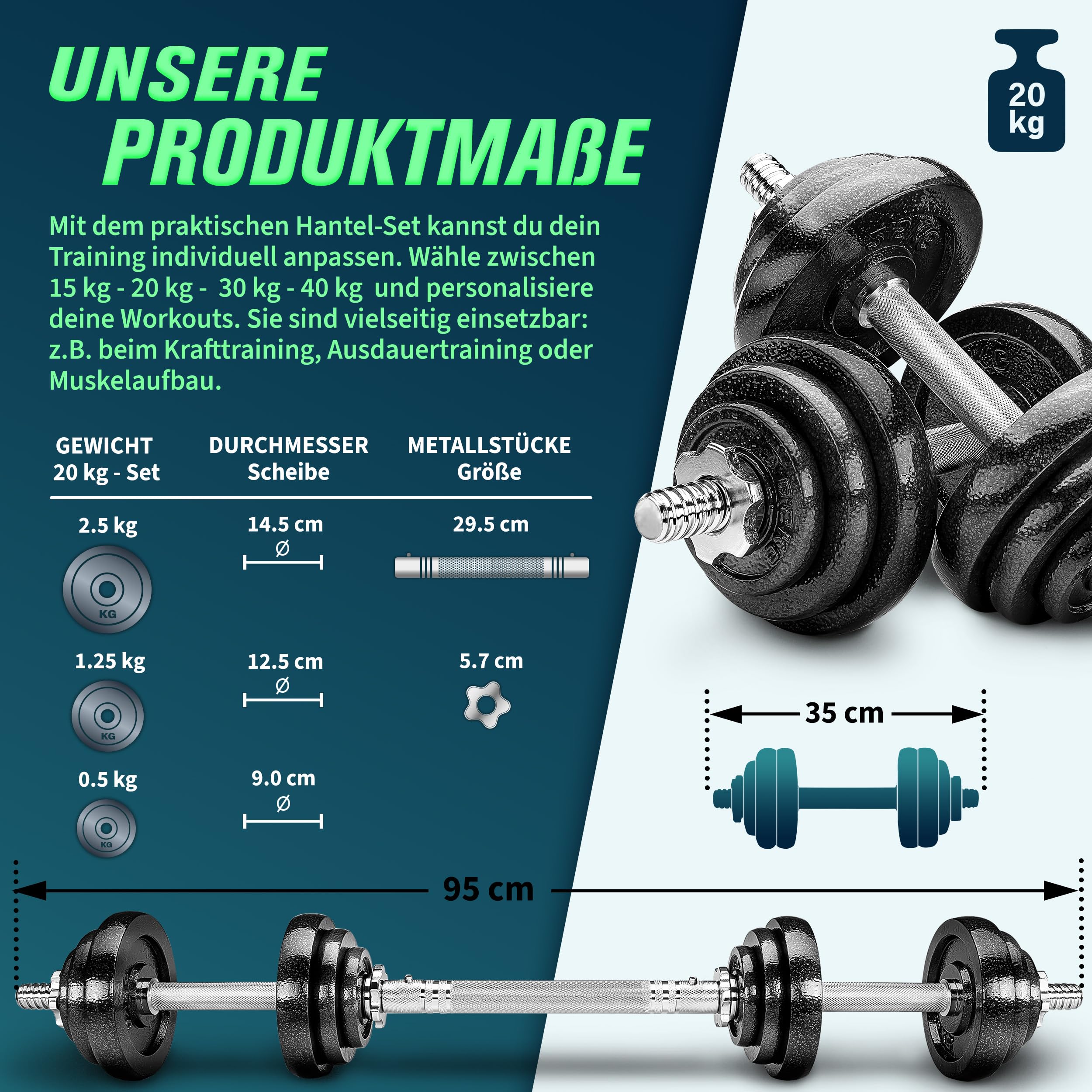 RE:SPORT 2 in 1 Hanteln Set 30kg | Hantelset Gusseisen verstellbar | Kurzhantel & Langhantel | Sternverschlüsse & Verbindungsrohr 4