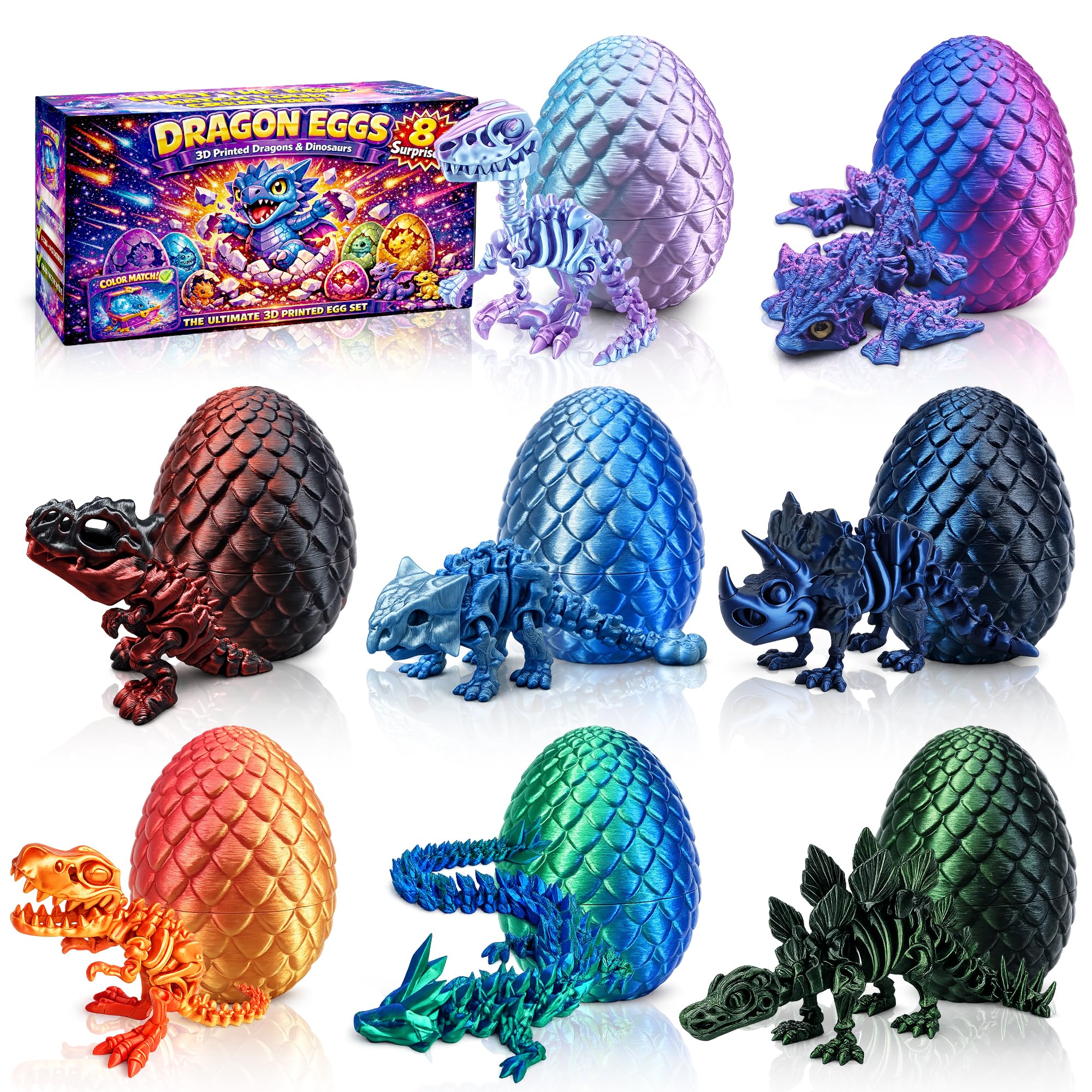 Rubypop 3D Printed Dragon Easter Egg Fillers, 8 Pack 3D Dragon Egg with Dragon Inside, Prefilled Animals Toys Easter Basket Stuffers School Classroom Prizes Party Favors for Kids Boys Girls Teens