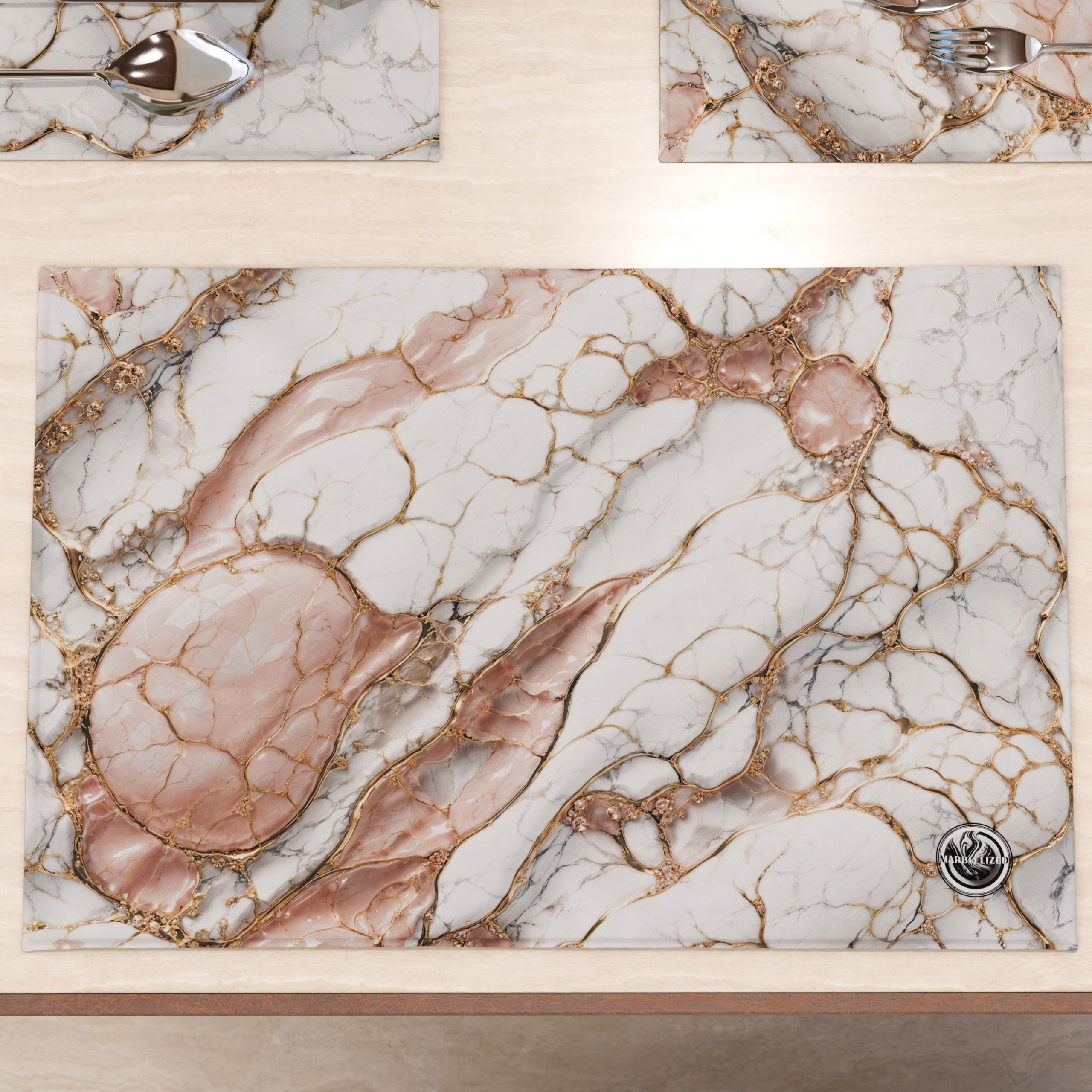 MARBLELIZED - Washable American Placemats, Pink Marble Effect Fabric Placemats, Set of 6 (30 x 45 cm) - Elegant, Ideal for Breakfast, Lunch and Dinner, Gift Idea, 100% Made in Italy