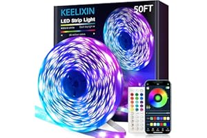 KEELIXIN 50ft LED Strip Lights,Led Lights for Bedroom,LED Light Strip,LED Lights Sync with Music,RGB LED Strip Lights with IR Remote & Bluetooth APP Control,Luces Led para Cuarto,LED Lights for Room
