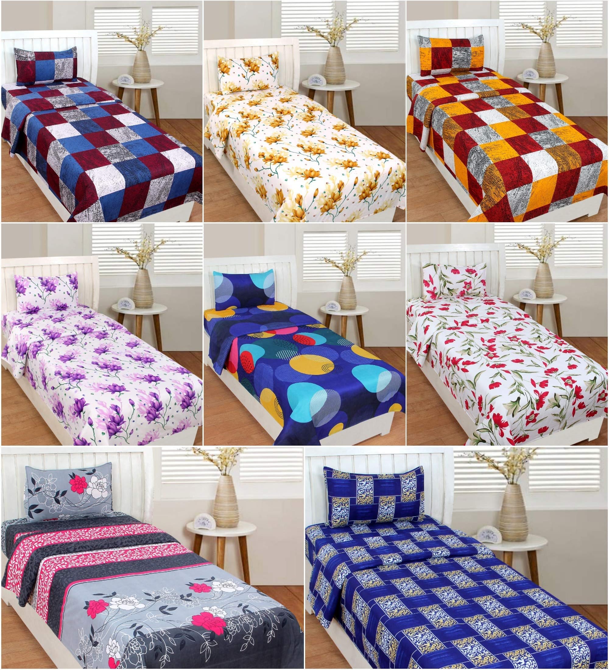 Bsb Trendz Cotton 144 Tc 3D Printed Glace 8 Piece Single Bedsheet with Pillow Covers - Standard, Multicolor