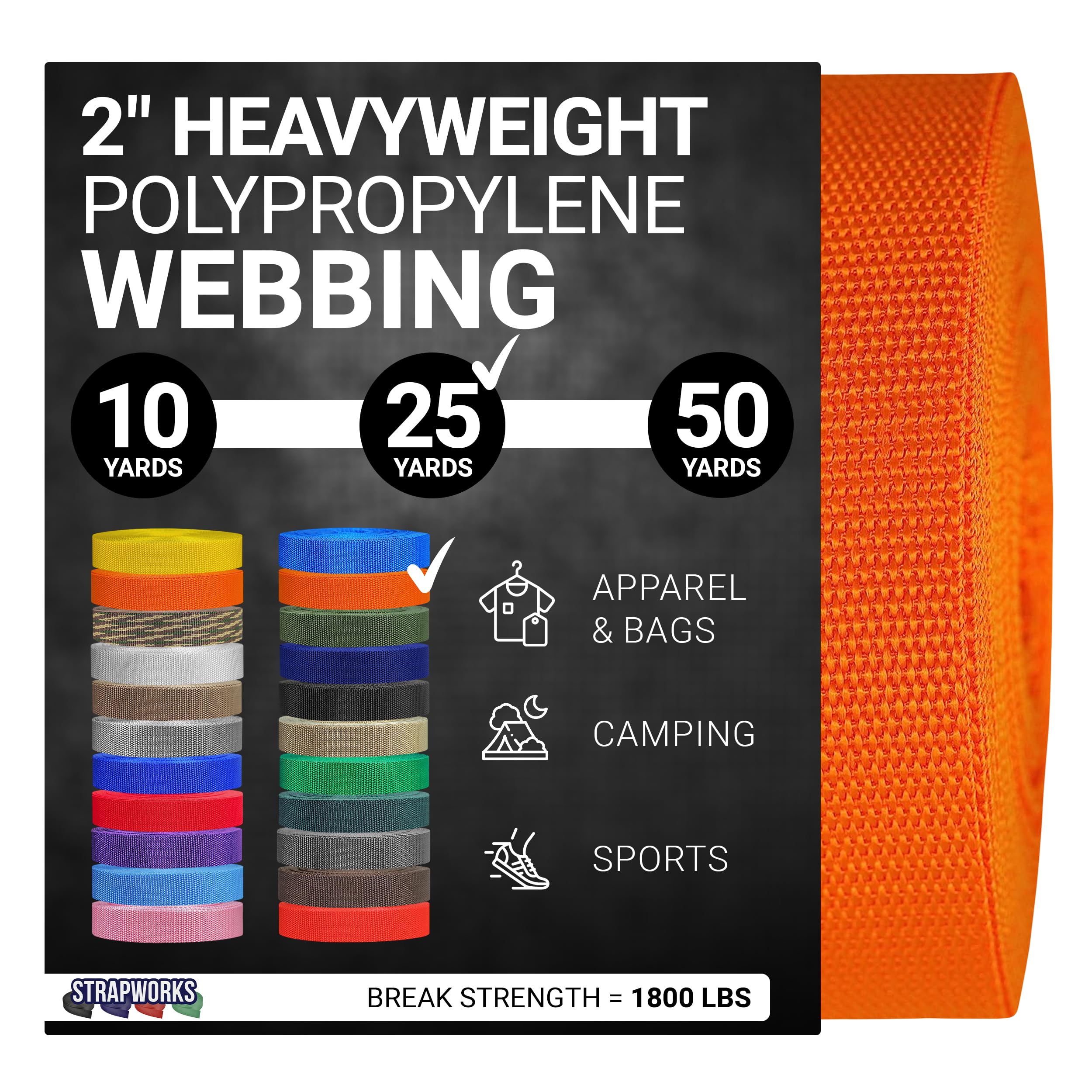 Strapworks Heavyweight Polypropylene Webbing - Heavy Duty Poly Strapping for Outdoor DIY Gear Repair, 2 Inch x 25 Yards - Orange