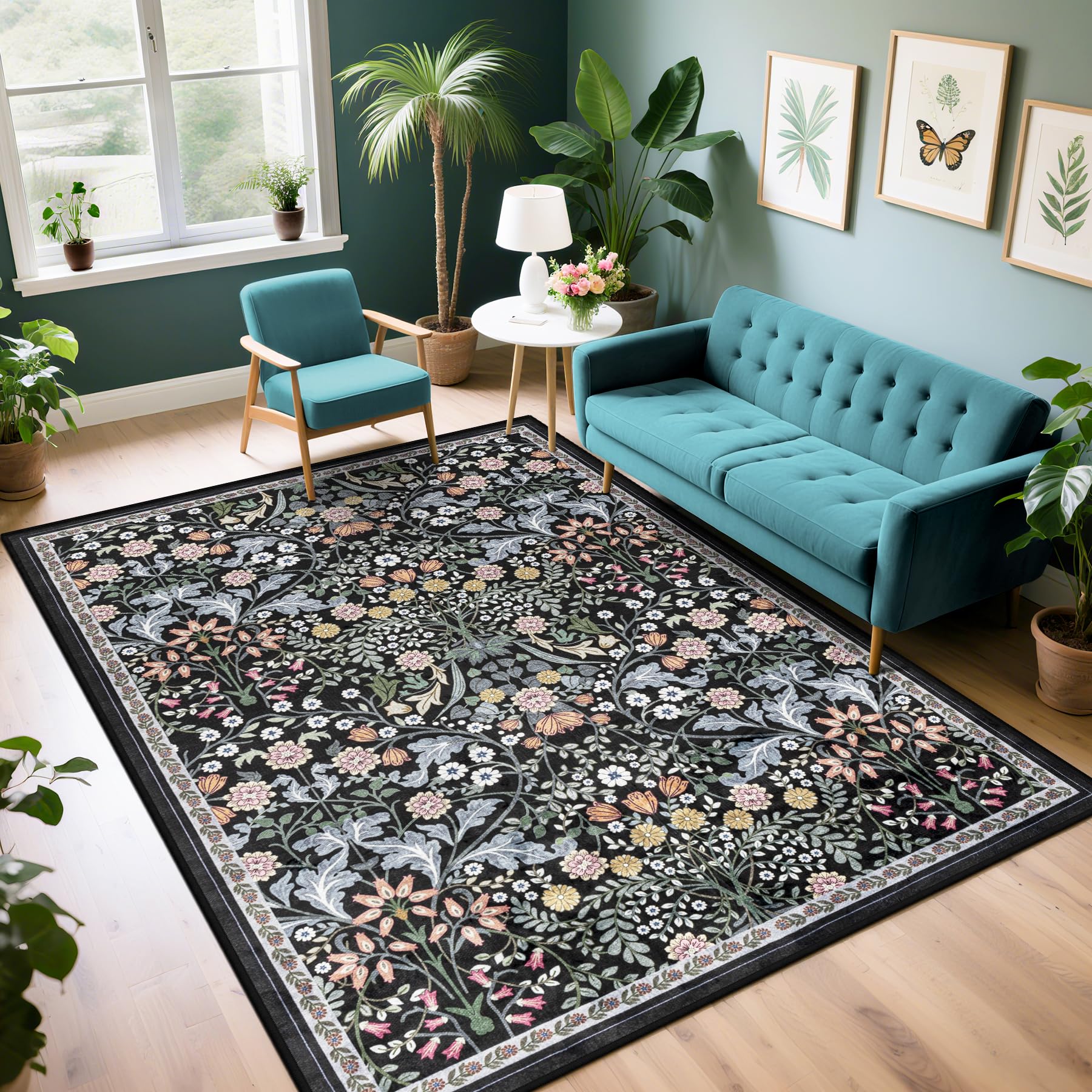 Area Rug Living Room Rugs: Floral 5x7 Washable Rug Vintage Soft Boho Non-Slip Carpet Indoor Stain Resistant Large Carpets for Bedroom Dining Room Farmhouse Nursery Hallway Home Office Dark Black Image