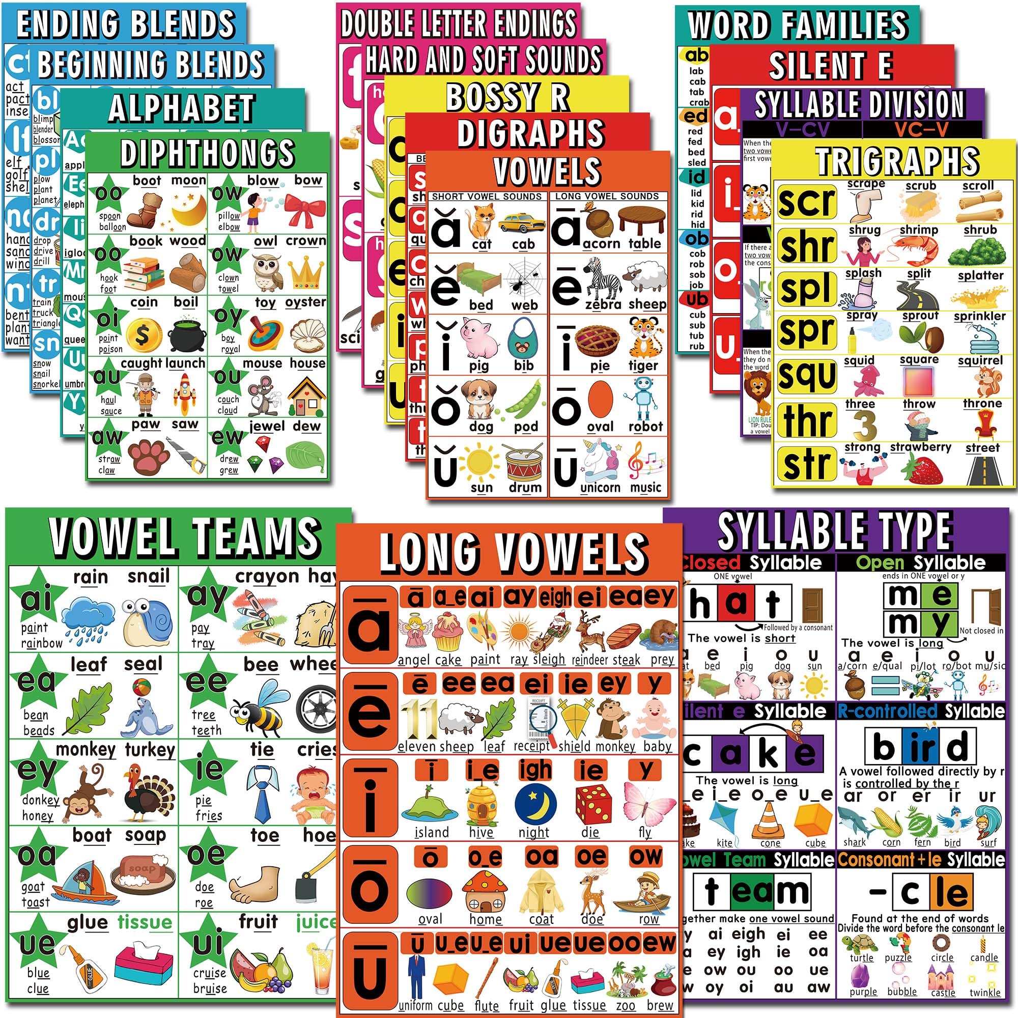 Photo 1 of 16 English Phonics Posters Language Arts Charts for Kids Toddler Learning Vowels Posters, Phonics Poster for Classroom, Digraphs and Blends Poster, Sound Wall Phonics Chart, Boho Classroom
