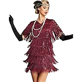 PrettyGuide Women's Flapper Dresses with Sleeves Tiered Long Fringed Sequin 1920s Great Gatsby Cocktail Dress Costume