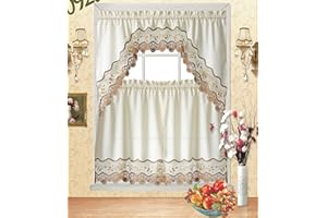 FANCY LINEN Fancy Collection 3pc Beige with Embroidery Floral Kitchen/Cafe Curtain Tier and Valance Set 001092 (60" x 38", Gold/Beige/Beige)