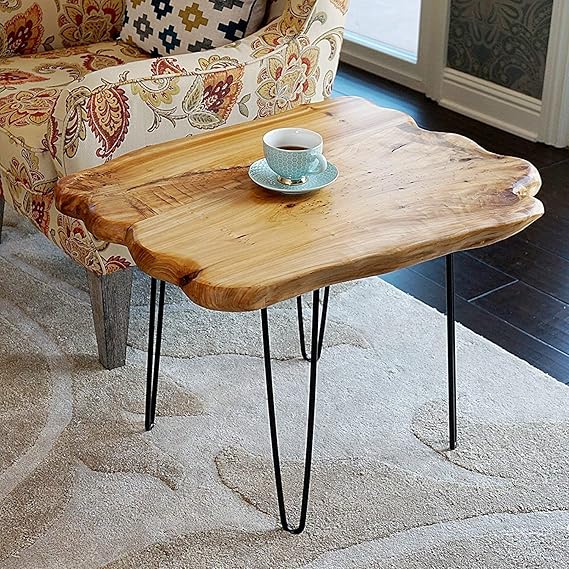 WELLAND Natural Edge Coffee Table Small, Hairpin Coffee Table, Natural Wood End Table, Wood Slab