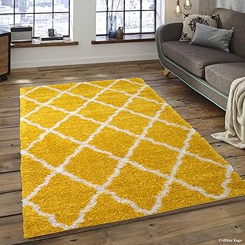 Amazon Com Allstar 8x10 Yellow Modern And Contemporary Rectangular Shag Accent Rug With Ivory Trellis Design 7 5 X 9 8 Home Kitchen