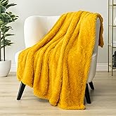 PAVILIA Sherpa Throw Blanket for Couch Sofa, Mustard Yellow Fluffy Warm Plush Blanket for Bed, Cozy Super Soft Lightweight Throw, Fuzzy Decorative Blanket, All Season Home, 50x60