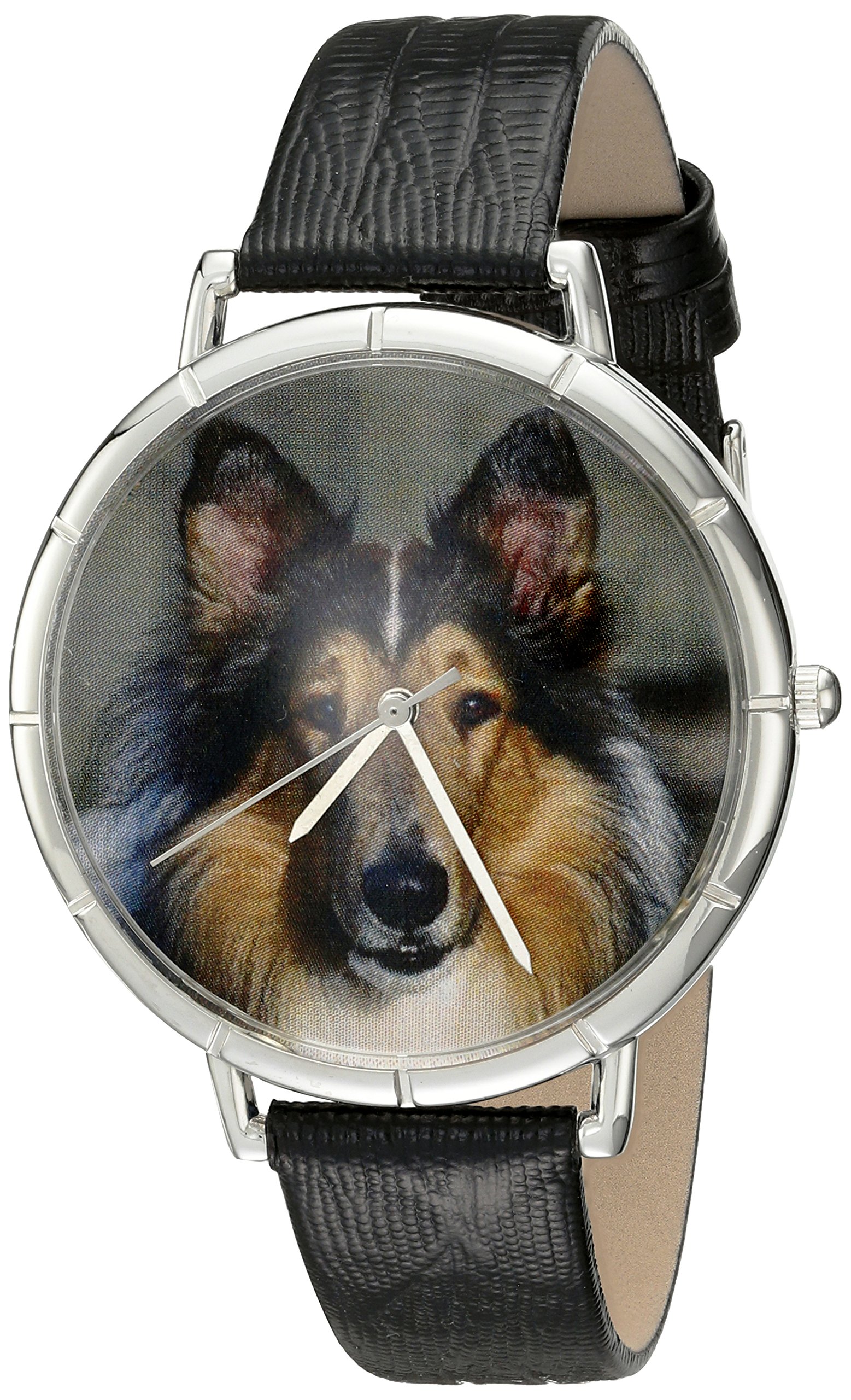 Whimsical Watches Collie Black Leather and Silvertone Photo Unisex Quartz Watch with White Dial Analogue Display and Multicolour Leather Strap T-0130004