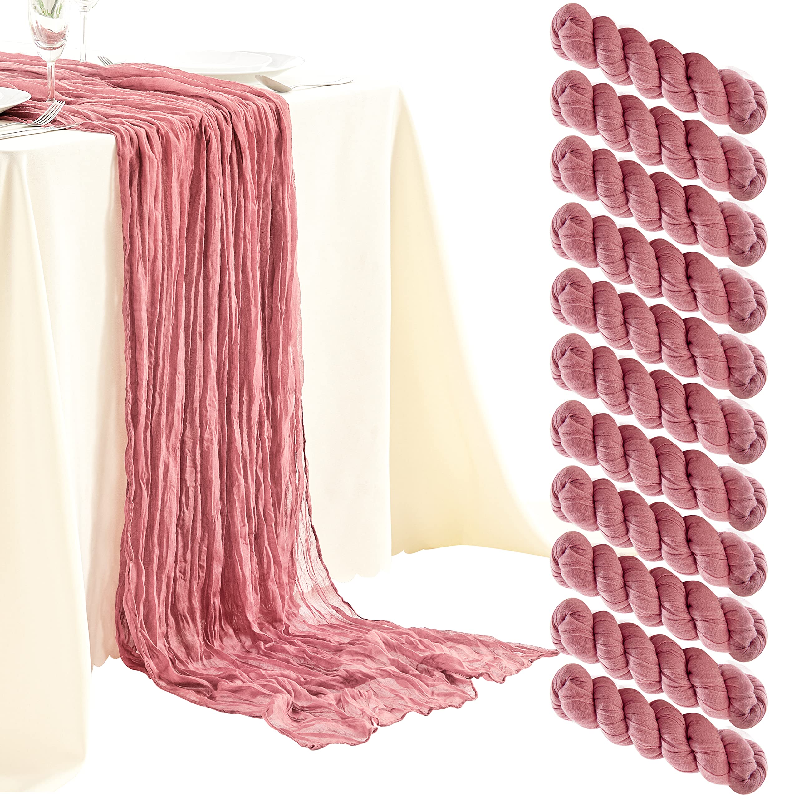 Photo 1 of 10 Pack Dusty Blush Cheesecloth Table Runners, 10ft Wide Gauze Boho Table Runners for Bridal Shower Wedding Birthday Party Table Decorations