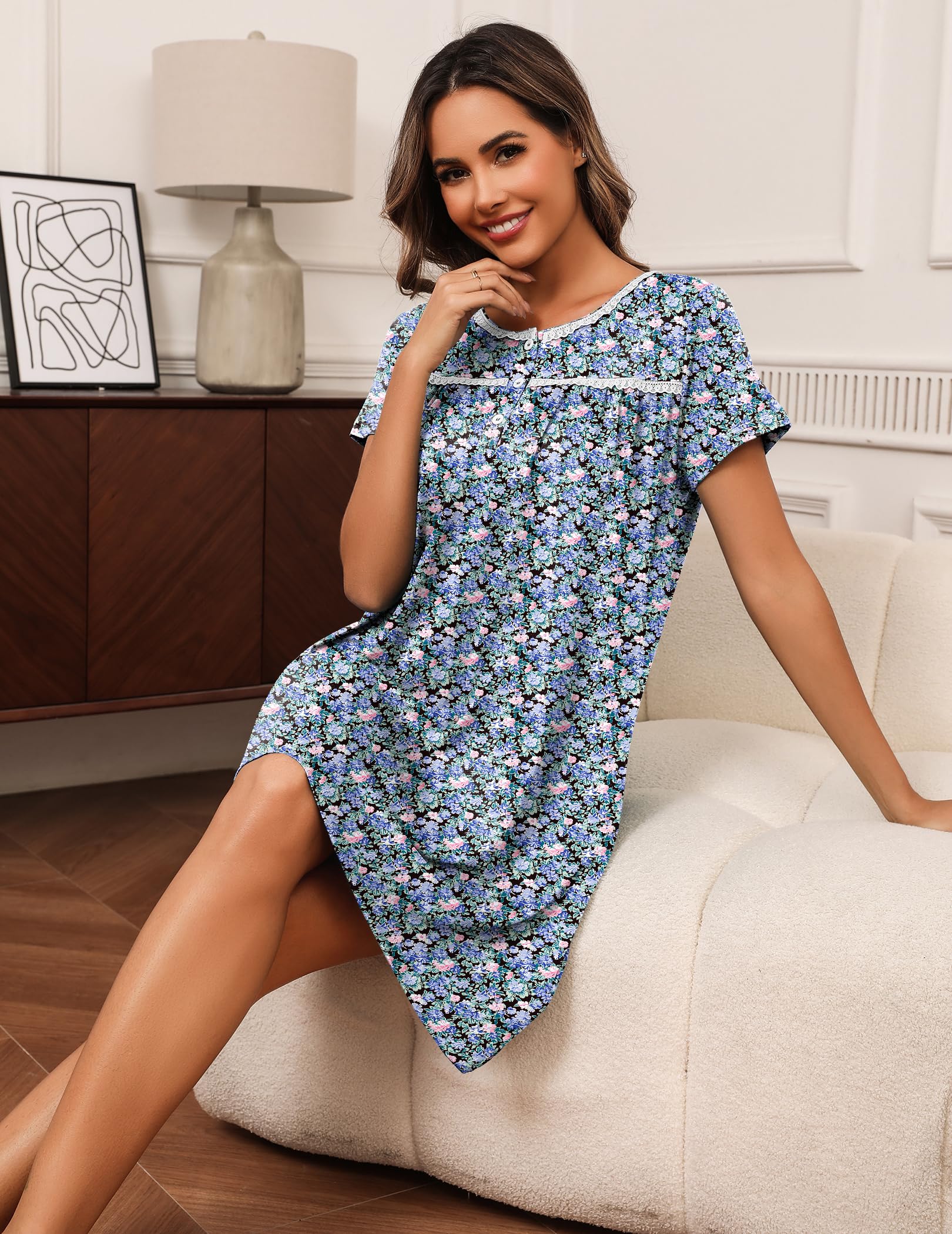 Ekouaer Women's Nightgown Short Sleeve Sleepwear Comfy Sleepshirts Scoopneck Nightshirt