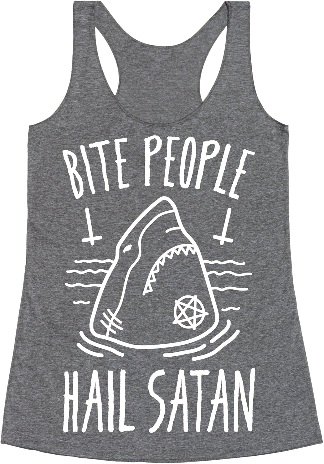 LookHUMAN Bite People Hail Satan - Shark (White) Heathered Black Women's Racerback Tank