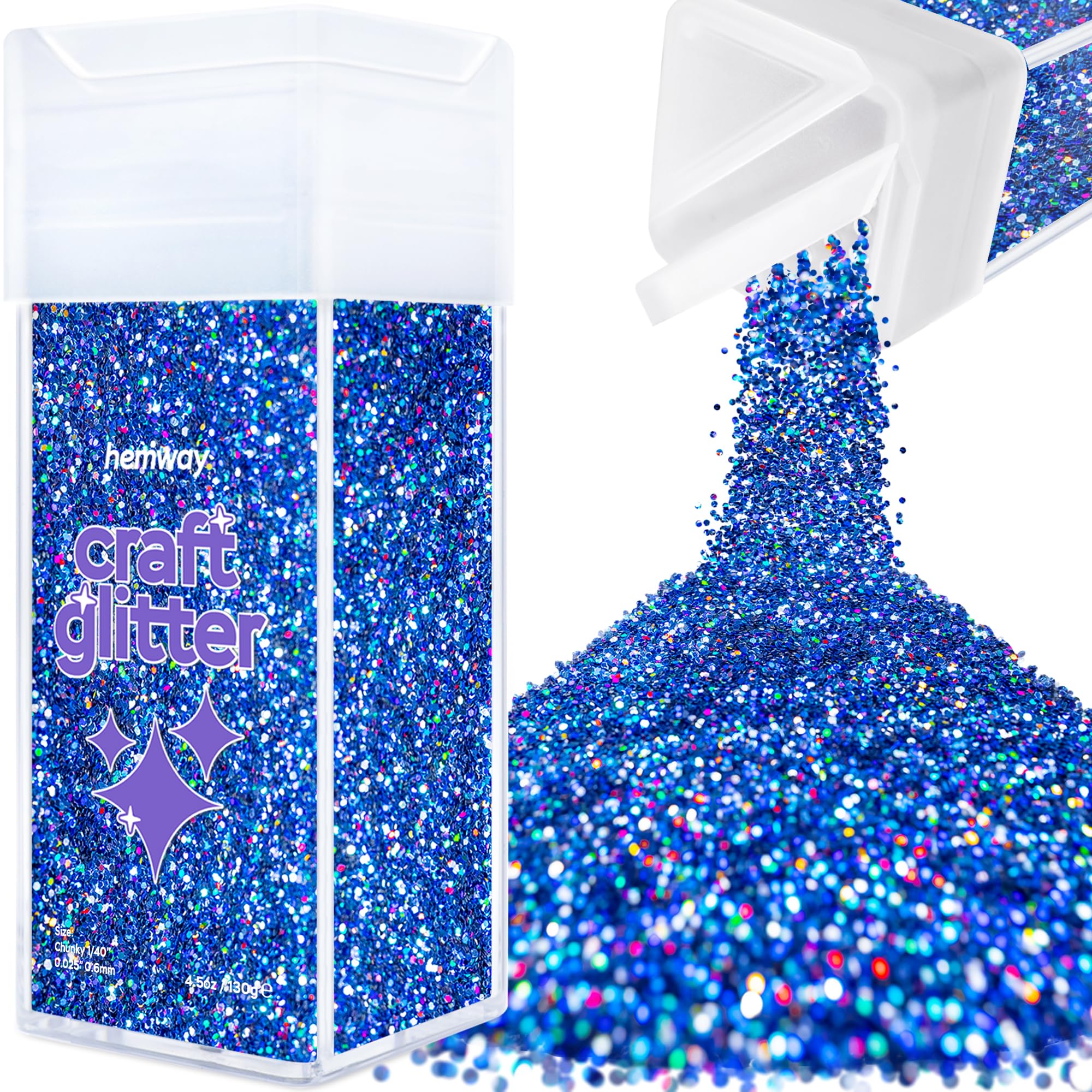 Hemway Glitter Shaker Sapphire Blue Holographic 110g Chunky, Craft Glitter Shaker for Resin & Epoxy Crafts, Christmas Art Supplies, Nail, Body, Face, Eye, Festival, Crafting, Slime, Sparkle