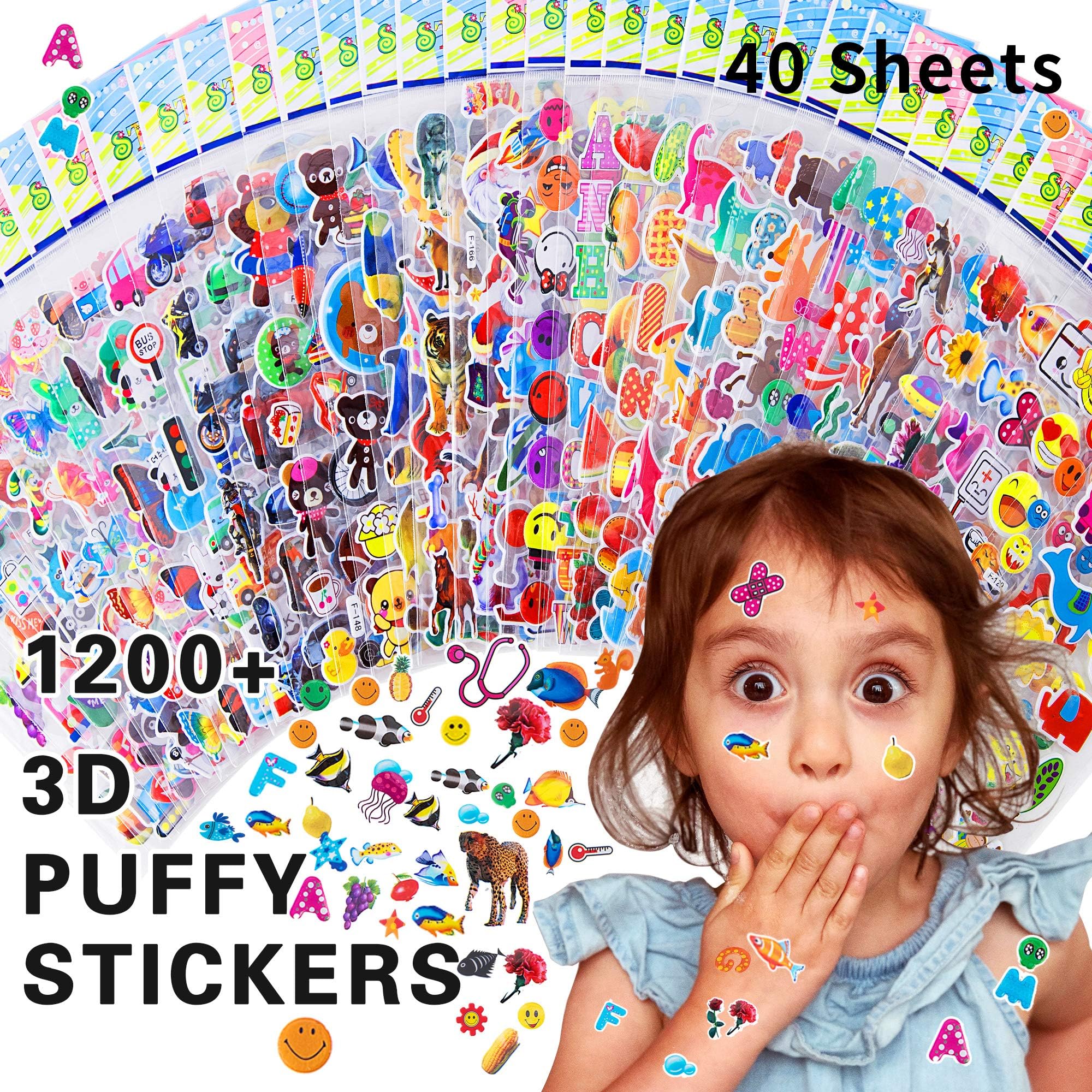 HORIECHALY Stickers for kids,3D puffy stickers,40 different sheets,for teachers&kids,including fruits,animals,cars,flowers,stars and more！(1200+ stickers)