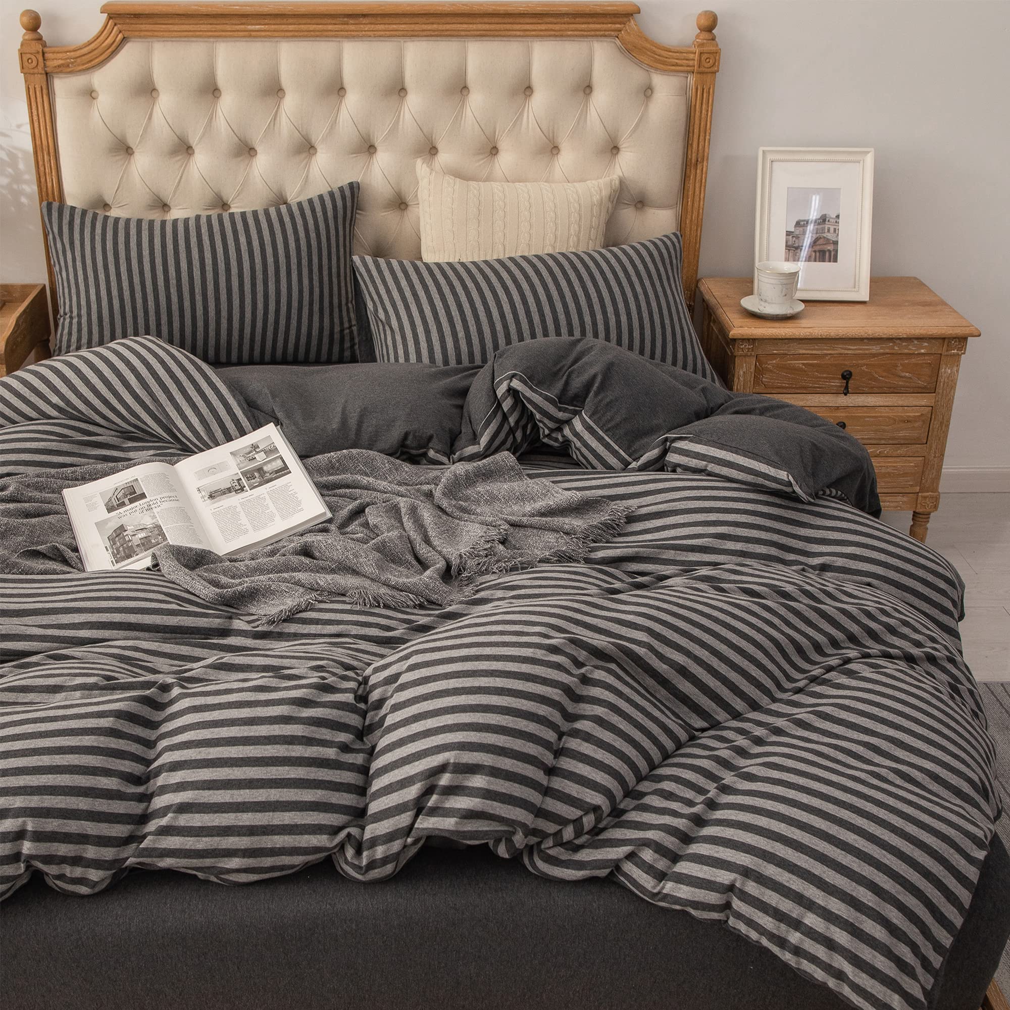 Photo 1 of PURE ERA Jersey Knit Duvet Cover Set 100% T-Shirt Heather Cotton Super Soft Comfy Classic Striped Design, with Zipper Closure, Charcoal Dark Grey Stripe, King