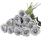 Hawesome 12PCS Artificial Silk Flowers Realistic Roses Bouquet Long Stem for Home Wedding Decoration Party (Silver 1)