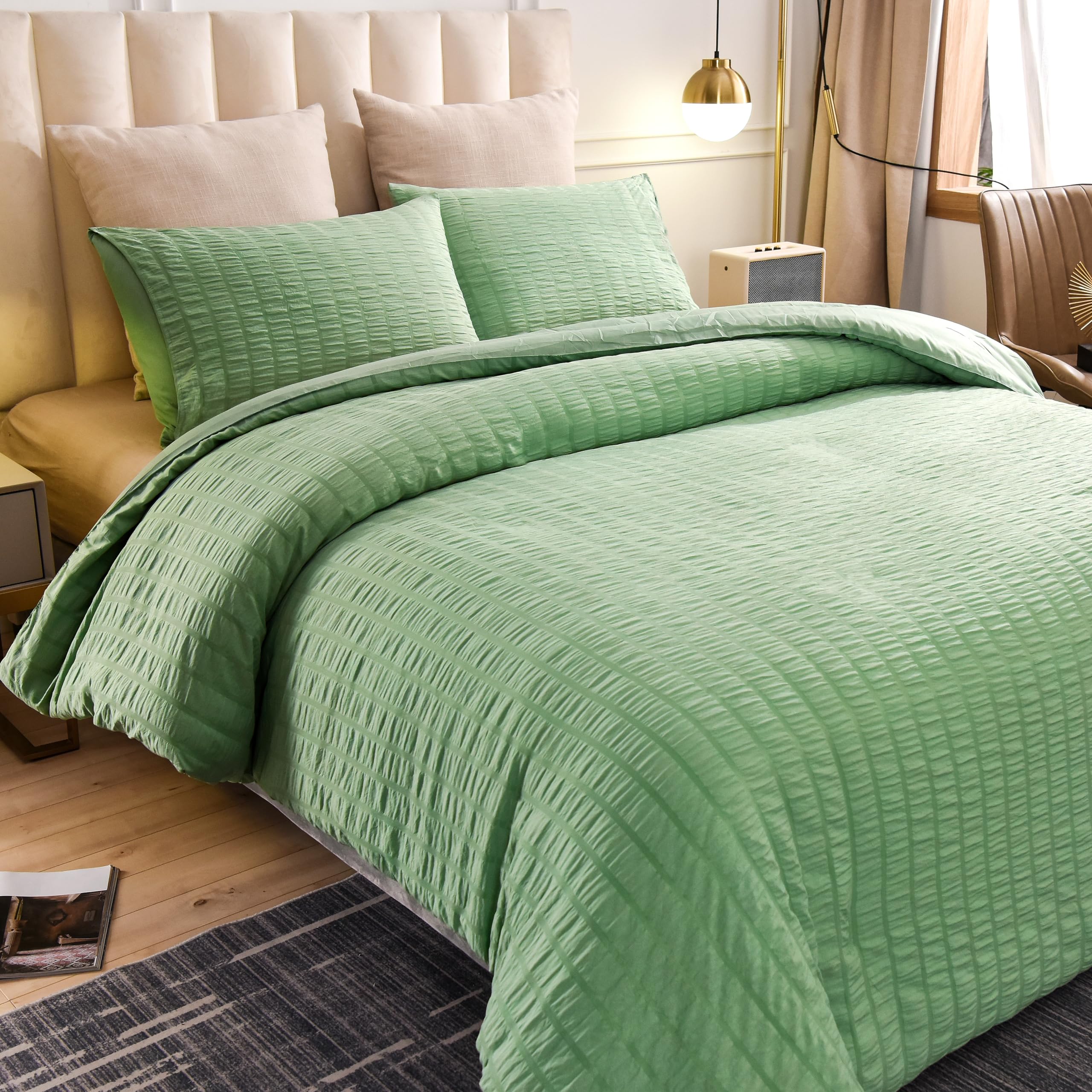 Delien Bed Linen Set 155 x 220 cm 3-Piece Green Microfibre Seersucker Duvet Cover with Stripes - Soft Fluffy - 1 Duvet Cover and 2 Pillowcases 80 x 80 cm