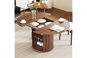 weselon 43"-59" Extendable Round to Oval Dining Table with Hidden Storage, Modern Wooden Kitchen Table with Fluted Sliding Door Cabinet, Expandable Dinner Table for Dining Room Living Room (Walnut)