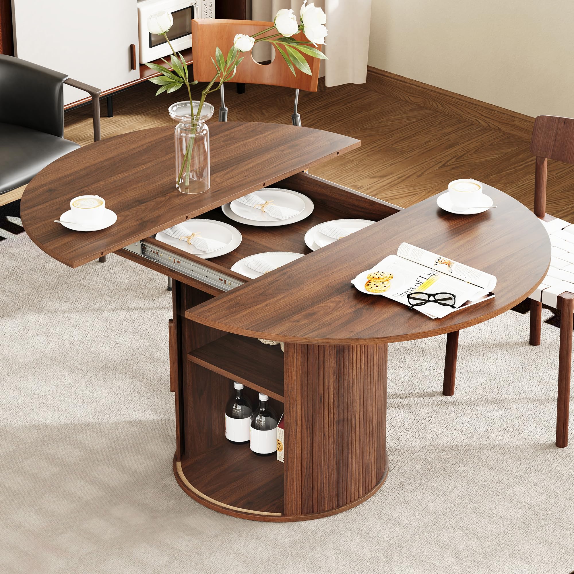 weselon Mesa de comedor extensible redonda a ovalada de 43 a 59 pulgadas con almacenamiento oculto, mesa de cocina moderna de madera con gabinete de puerta corredera estriada, mesa de cena expandible para comedor sala de estar (nogal)
