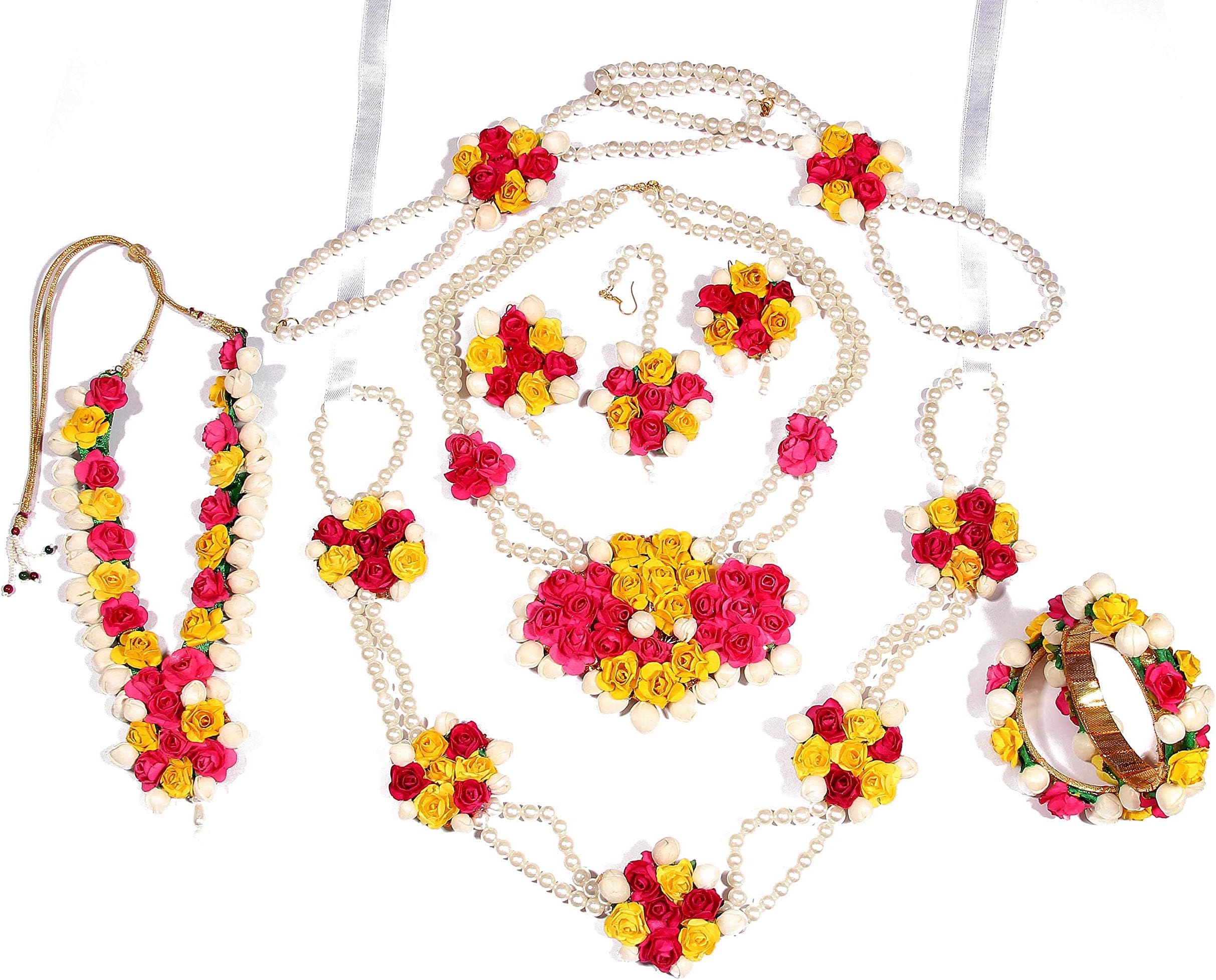 Tingoking Floret Jewellery Mogra Pearl Pink Orange Complete Flower Jewellery Set with 10 Items for Women & Girls (Mehandi/Haldi Bridal)