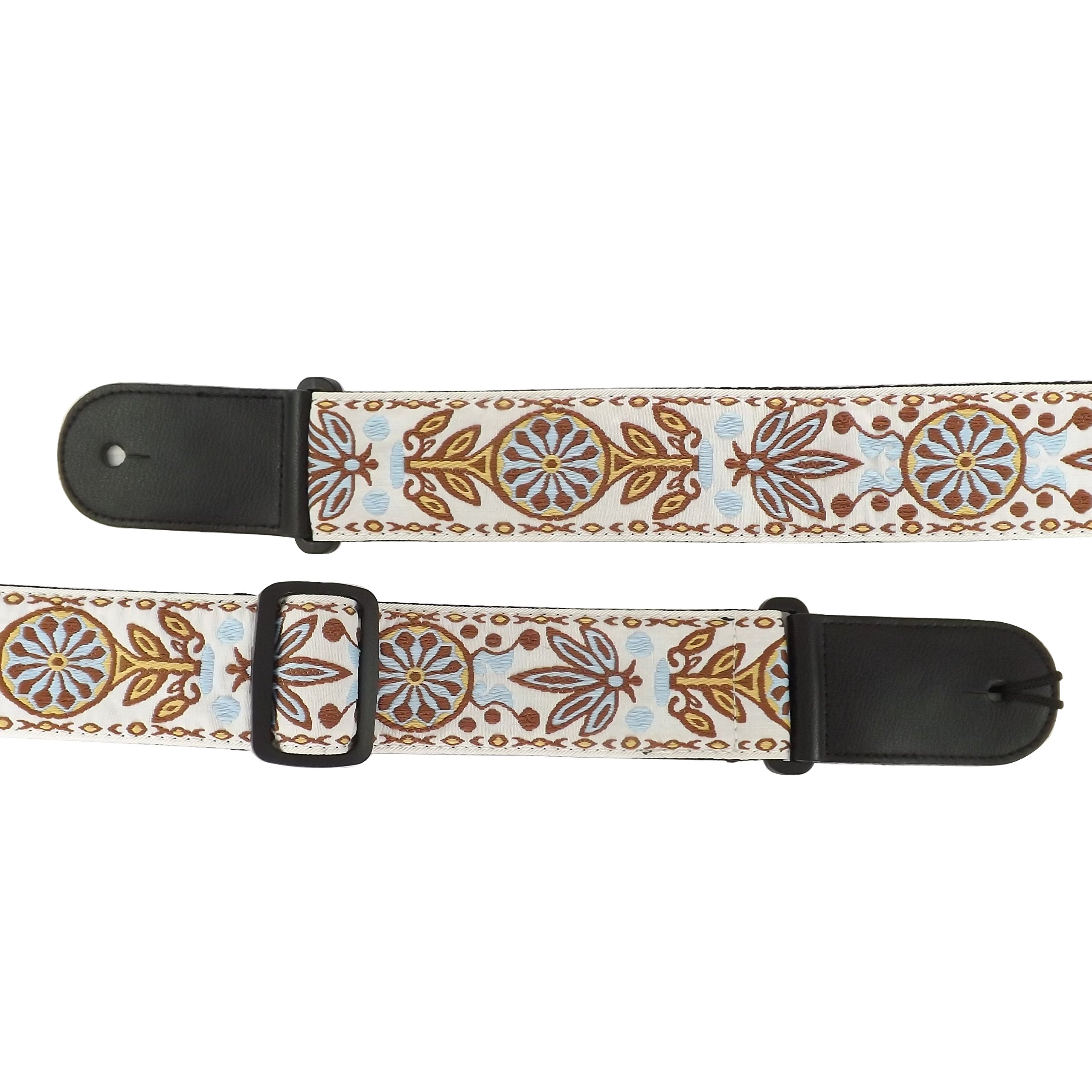 Spartan Music Classical/Acoustic/Bass/Electric Guitar Strap Patterned Design - Leather & Cotton (White Pattern/Tribal)