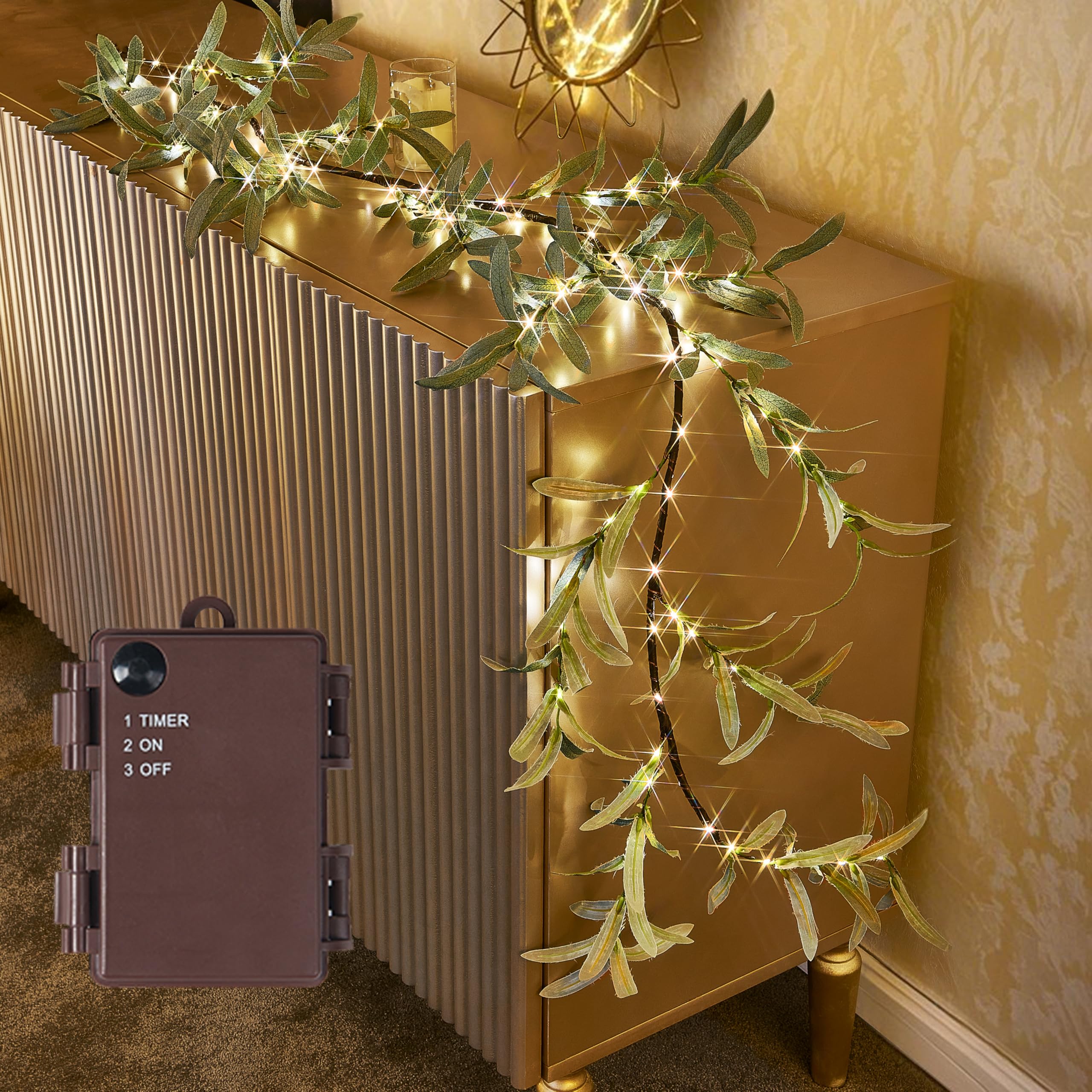Photo 1 of Birchlitland Lighted Olive Garland Battery Operated with Timer 6FT 96 LED Fairy Lights, Faux Vine with Lights for Mantel Fireplace Wall Patio Wedding and Holiday Decor