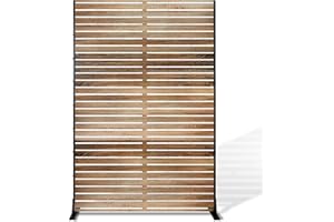 FENCY Metal Privacy Screen 72" H×47" W Natural Wood Color Outdoor Privacy Screen, Freestanding Decorative Privacy Fence Panels for Deck Balcony Patio