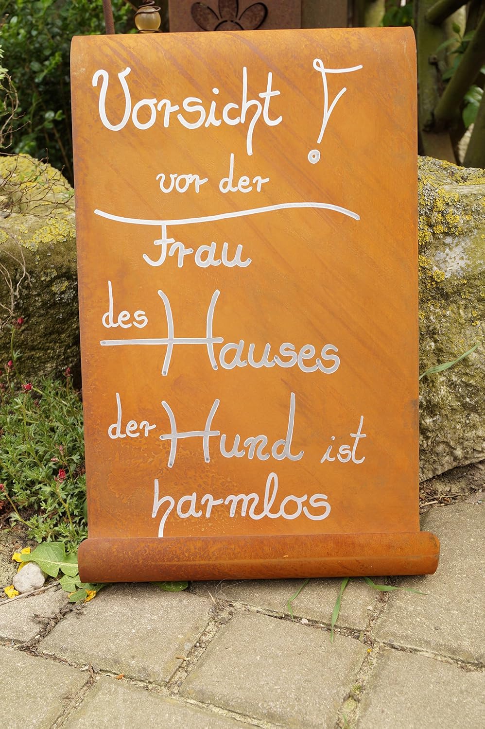 Vorsicht vor der Frau39x25cm Schild Gartendeko Edelrost Tafel gewellt