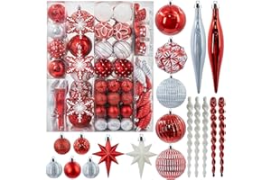 JORNOY 190ct Christmas Tree Ornaments, Shatterproof Christmas Ornaments Balls Sets Decorations for Xmas Tree Red White and Silver Decorative Hanging Ornaments Baubles
