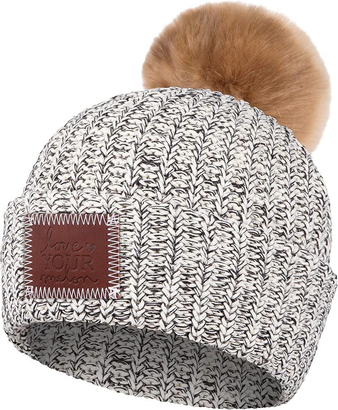 white speckled pom beanie