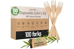IBAMBO Jenvita 100% Bamboo Forks Set - High End Disposable Cutlery (100 Biodegradable Forks) | Reusable or Disposable Bamboo Utensils | Compostable FSC Certified Flatware for Weddings, Camping, Parties