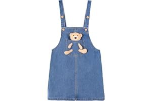 KIDSCOOL SPACE Girls Denim Overalls Dress,Cute Bear Simple Design Summer Colored Jumpsuit Dress and Set