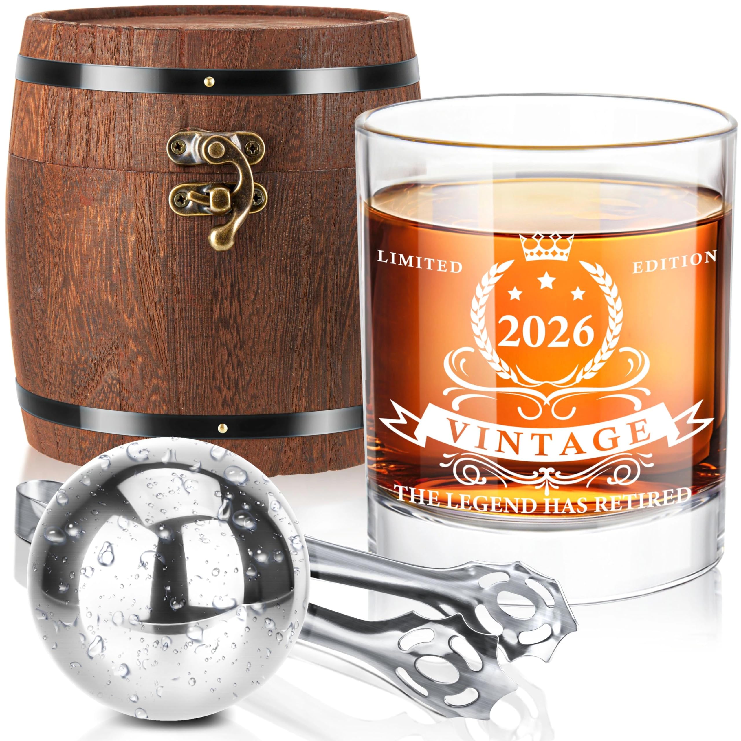 LIGHTEN LIFE Retirement Gifts for Men 2026,The Legend Has Retired 2026 Whiskey Glass Set in Barrel Box,Funny Retirement Whiskey Glass,Happy Retired Gifts for Men