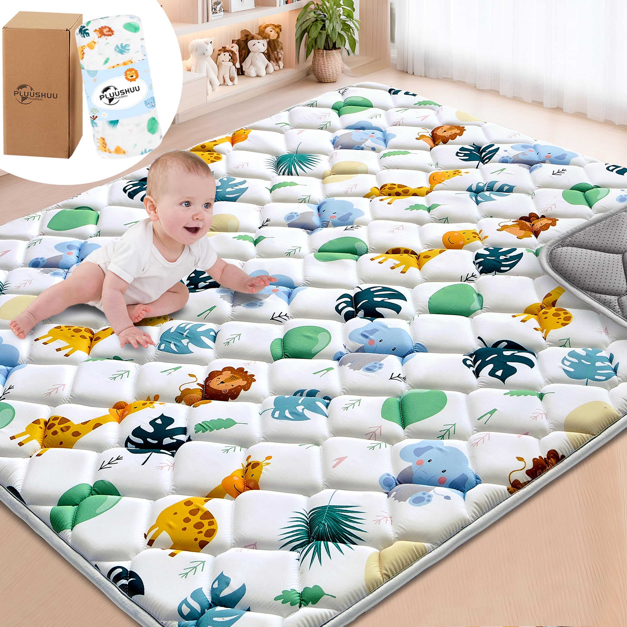Photo 1 of PLUUSHUU Baby Play Mats for Floor, 71x59 Playpen Mat for Babies, Extra Thicker & Soft Floor Crawling Mat, Foldable Non-Slip Playmat Cushioned for Infants Toddlers, Cute Animal Design