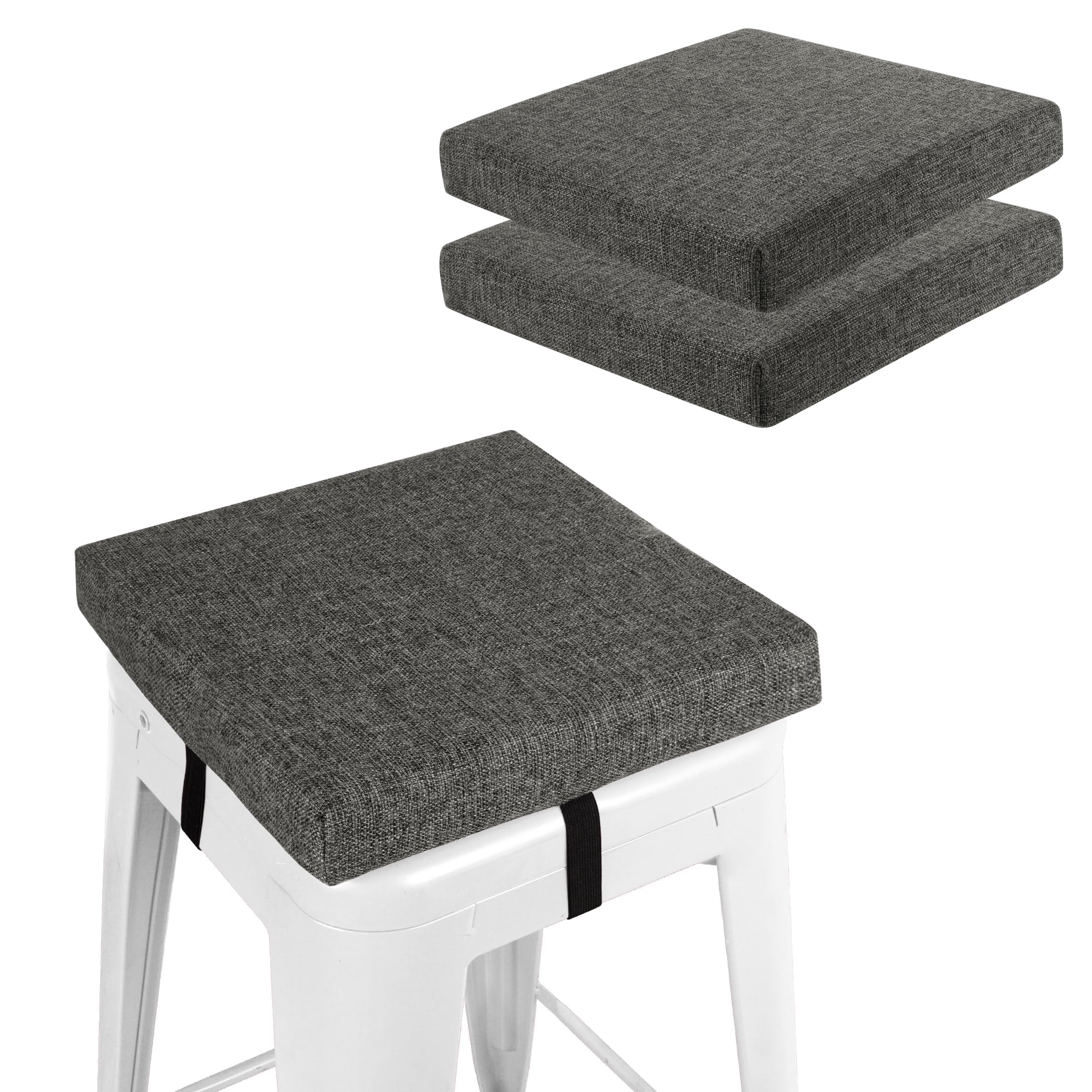 FlyGulls Square Bar Stool Cushions Non-Slip Chair Pads with Ties 2“ Thick Chair Cushions Set of 2 with Machine Washable Cover (35.5x35.5cm/14x14inch, Dark Grey)