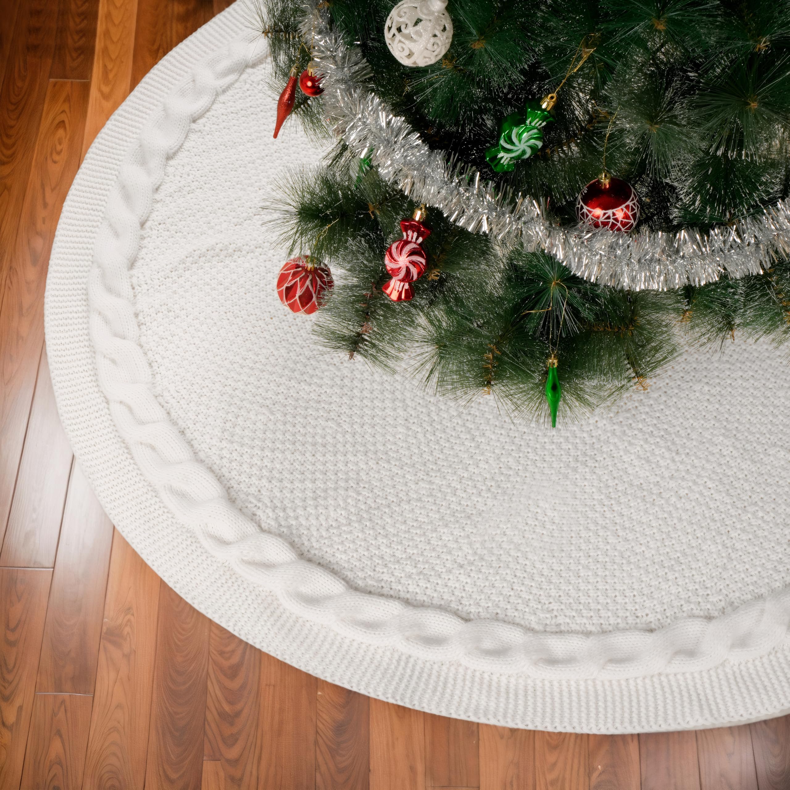 Photo 1 of 24 Inch Christmas Tree Skirt, Knitted Tree Skirt for 2-4 Ft Christmas Tree Luxury Knitted Thick Rustic Tree Skirt Xmas Decoration, Pencil Christmas Tree?24' White