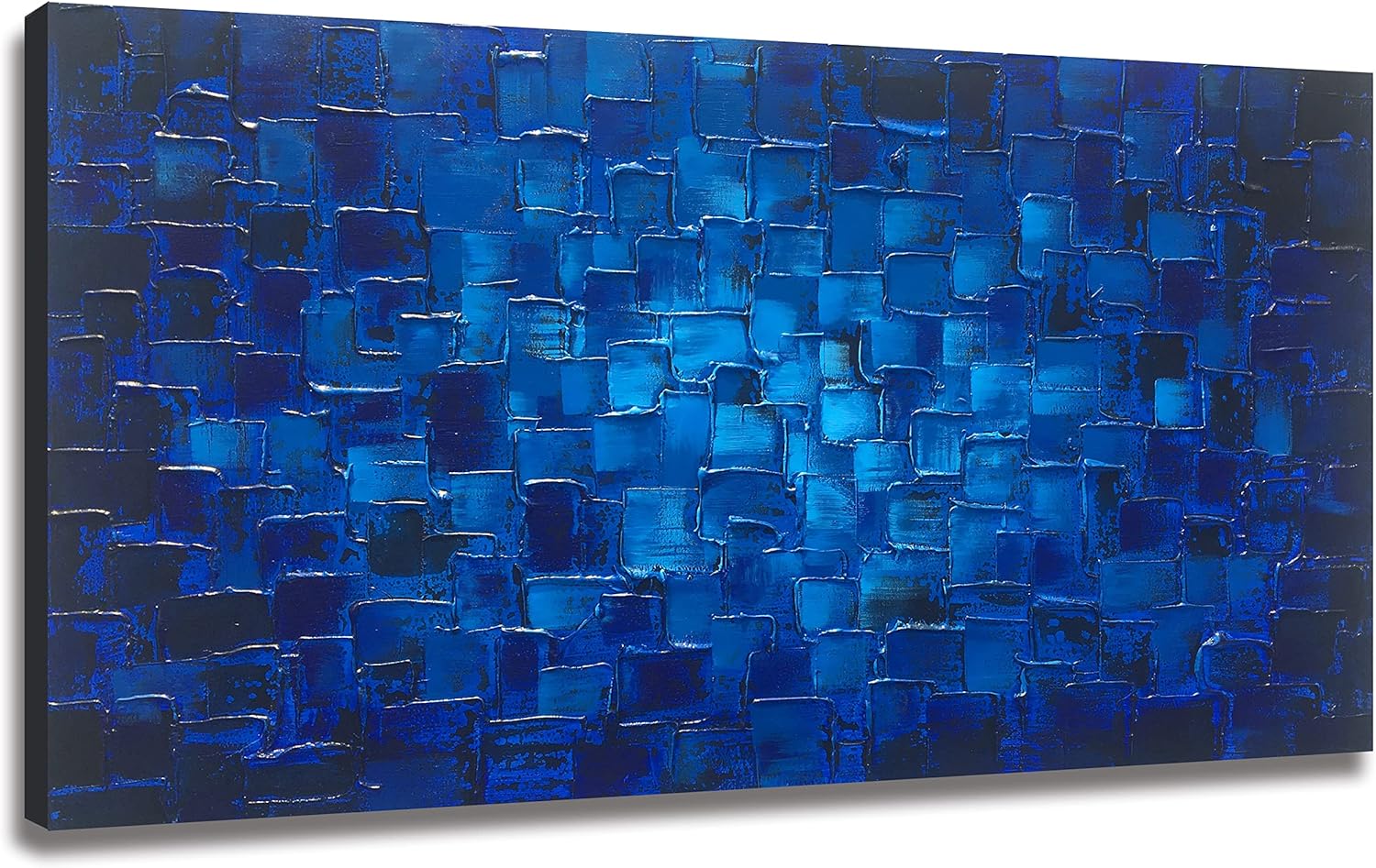 Paintings - Gongyuanyihao Arts Modern Textured Abstract Squares Canvas Wall Art Hand Painted Artwork Dark Blue Oil Painting Picture for Home Decoration Framed Ready to Hang 48x24inch