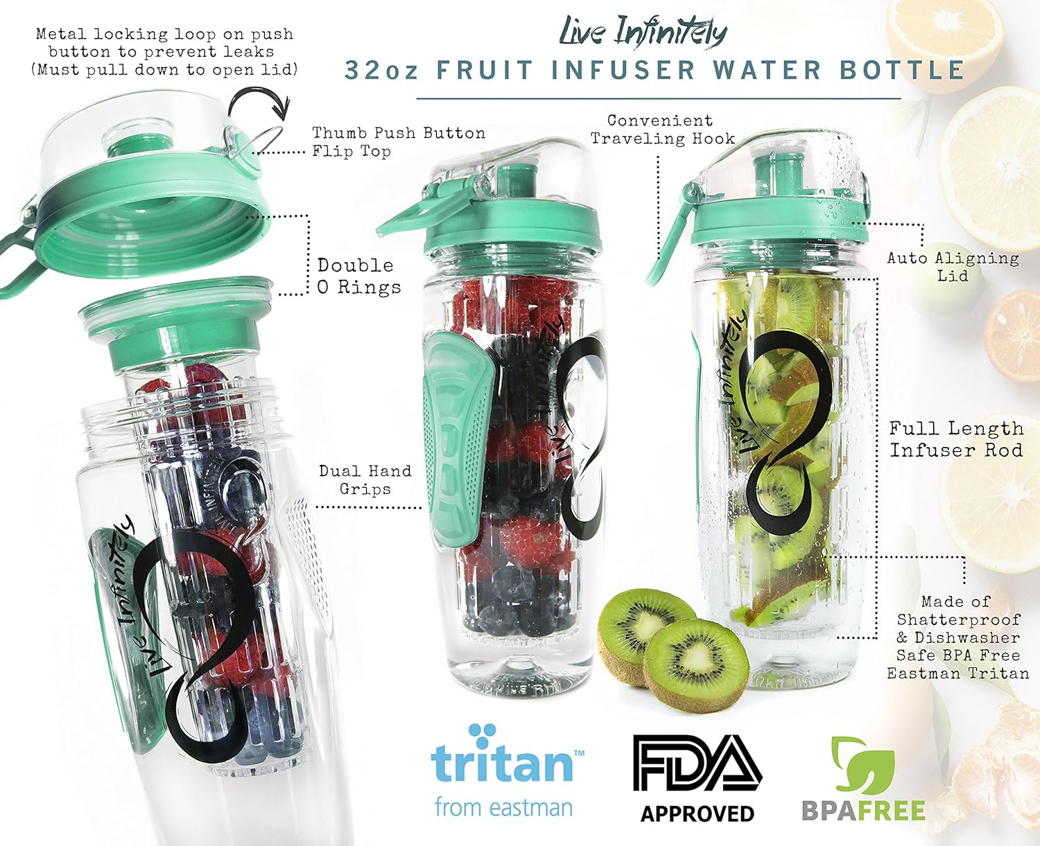 Live Infinitely 32 oz. Infuser Water Bottles Featuring a Full Length