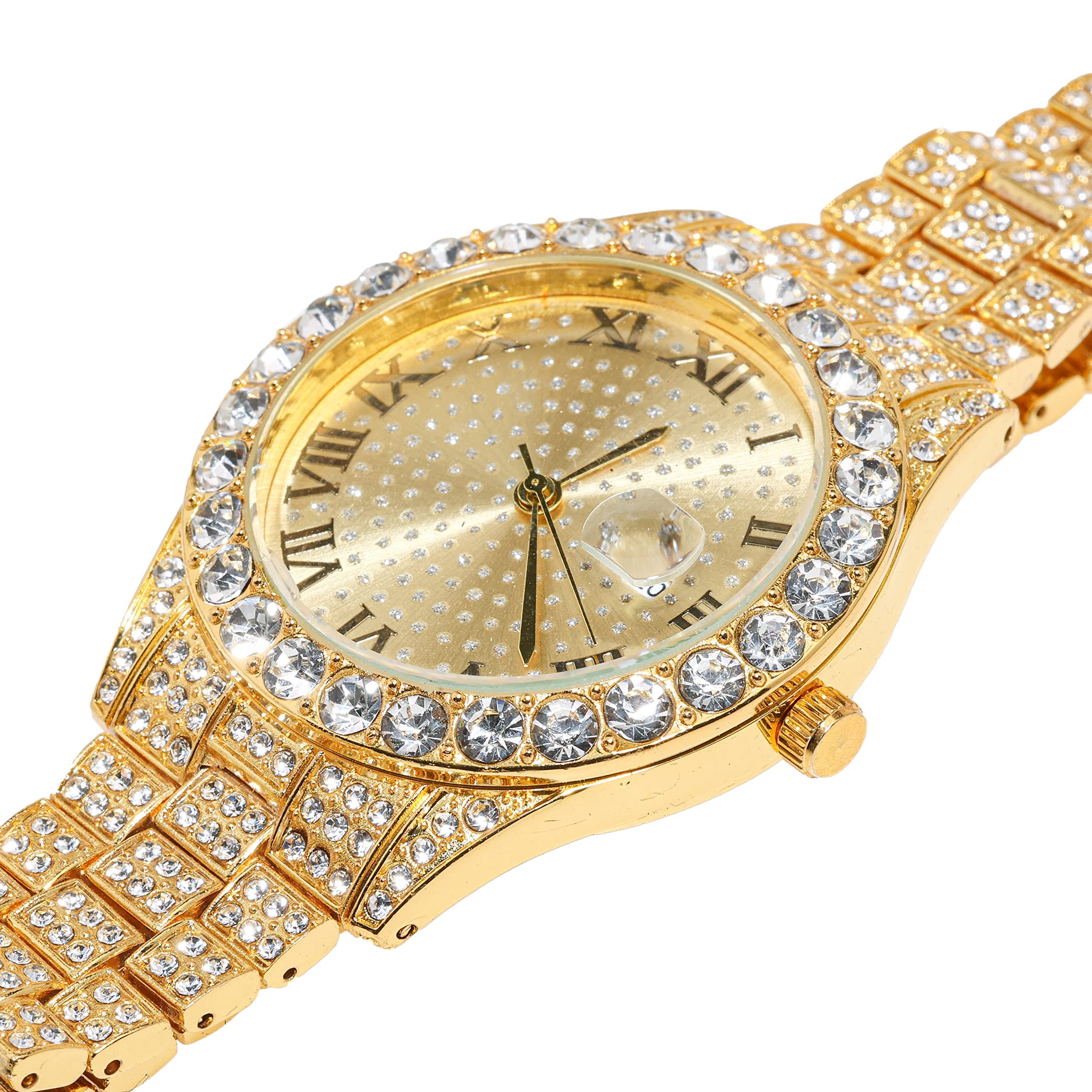 Halukakah Men's Diamond Gold Watch, 18 K Real Gold-Plated/Platinum White, 42 mm Round Design, Bracelet with Hand-set Laboratory Diamonds (24 cm), Cuban Link Chain (20 + 45 cm Necklace Bracelet) with