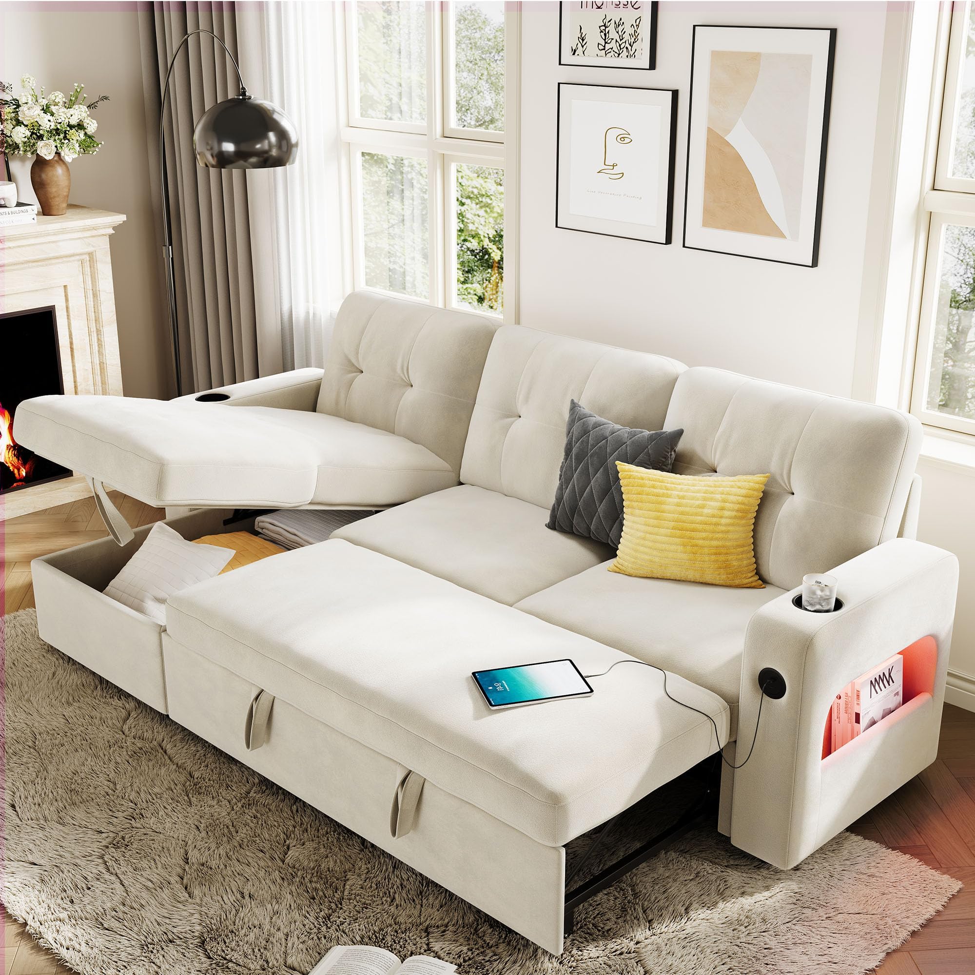 Photo 1 of *PARTIAL SET*
IDEALHOUSE 84" Sleeper Sofa with Storage & Charging Station, Convertible Sectional Couch Bed with LED Lights, Reversible Chaise, Pull Out Sofa Bed for Living Room Apartment, Velvet, Beige