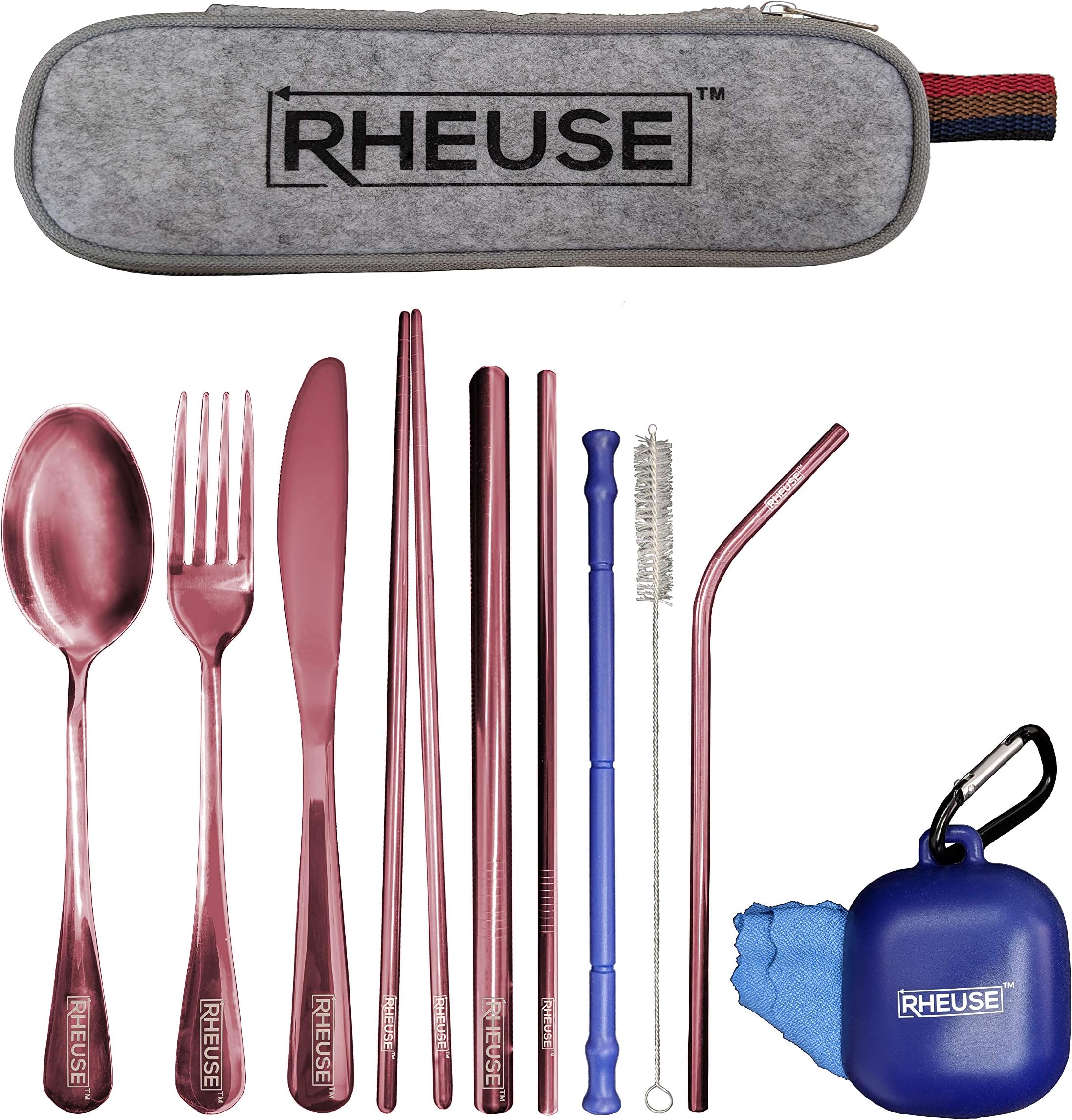 Portable Utensils, 10 Piece Stainless Steel Flatware Set, Reusable Towel, Travel Size Personal Cutlery Set, Carrying Case, 3 Metal And 1 Silicone Straw, Spoon, Fork, Knife, Chopsticks, Rose Gold
