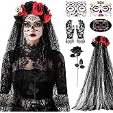 SelfTek Halloween Day of the Dead Costumes for Women, Day of the Dead Headband Veil, Lace Gloves, Face Tattoo and Fake Black Rose Floral Crown Sugar Skull Halloween Costume Accessories