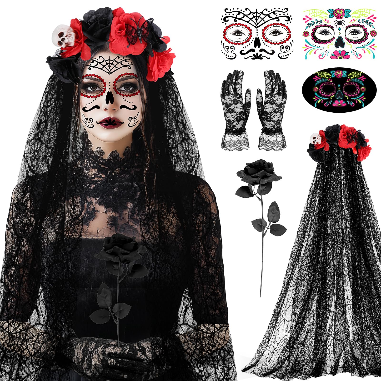 SelfTek Day of the Dead Costumes for Women, Day of the Dead Headband Veil, Face Tattoo, Fake Black Rose and Lace Gloves for Dia De Los Muertos Costume Halloween Sugar Skull Costume Accessories