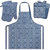 Oven Mitts and Pot Holders with Cooking Apron Set of 5, Heat Resistant Kitchen Gloves and Silicone Non-Slip Potholders (Dusty Blue)