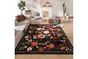 Rugcomf Living Room Rug 5x7 Rug Machine Washable Boho Area Rug Non Slip Floral Vintage Low Pile Large Rugs for Living Room, Bedroom, Farmhouse, Dining Room, Kids Playroom(Black)