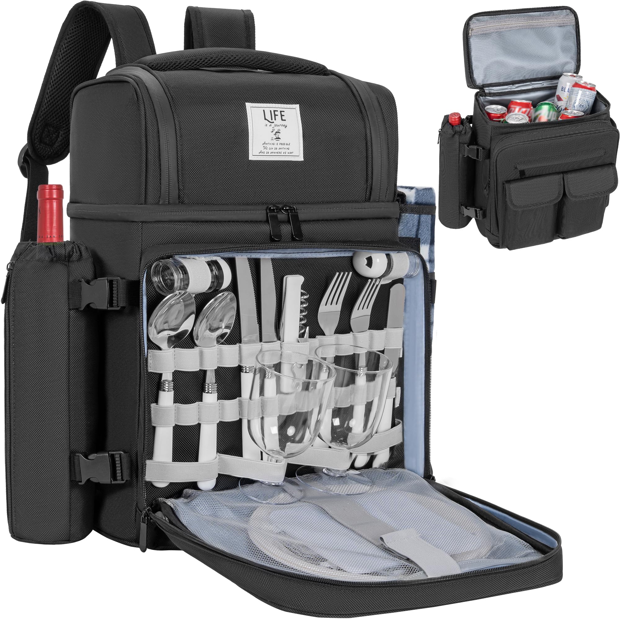 2-Person Picnic Backpack with 2 Insulated Cooler Compartments, 30L Cooler Lunch Bag with Complete Cutlery Set, Wine Holder & Fleece Blanket –Cooling Backpack Ideal for Beach, Camping & Hiking