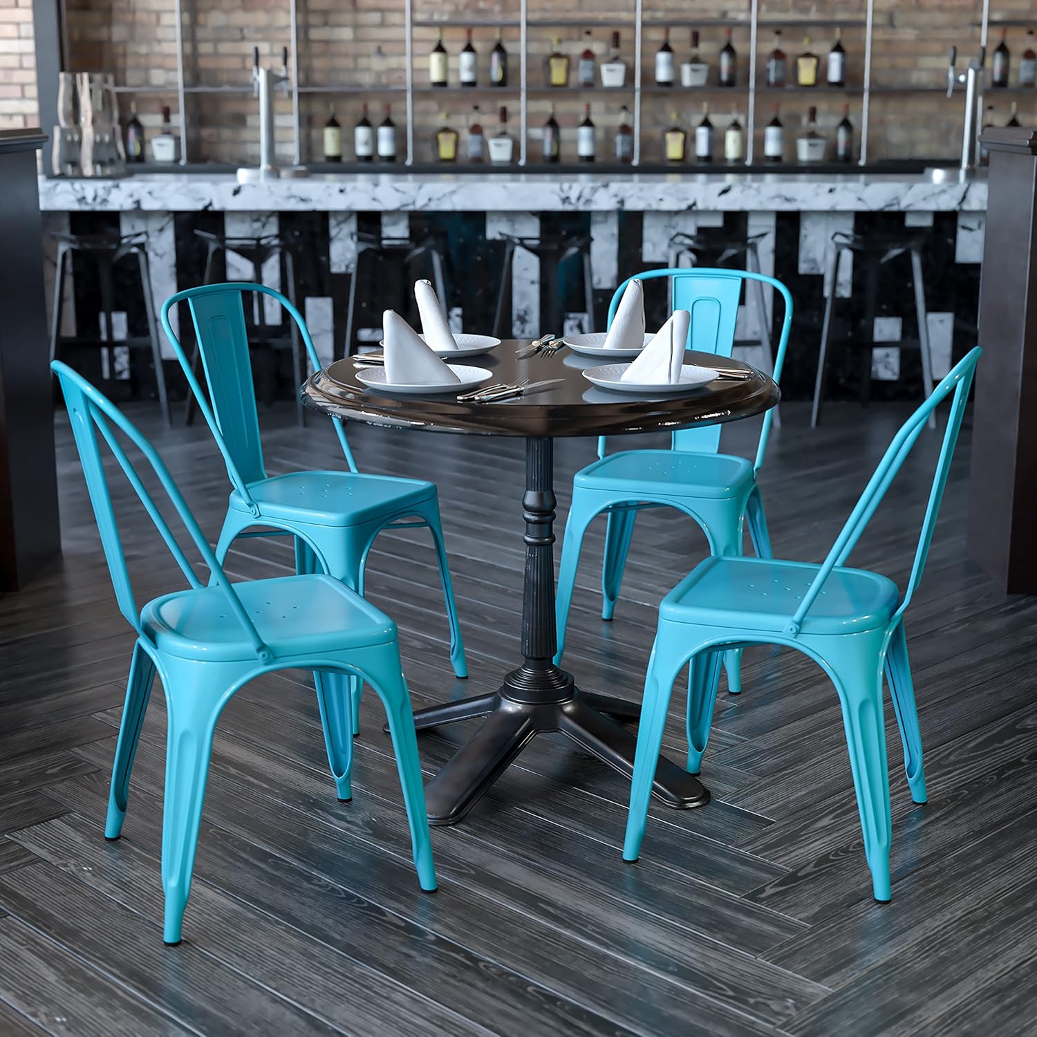 Flash Furniture Commercial Grade 4 Pack Crystal Teal-Blue Metal Indoor-Outdoor Stackable Chair: Garden & Outdoor