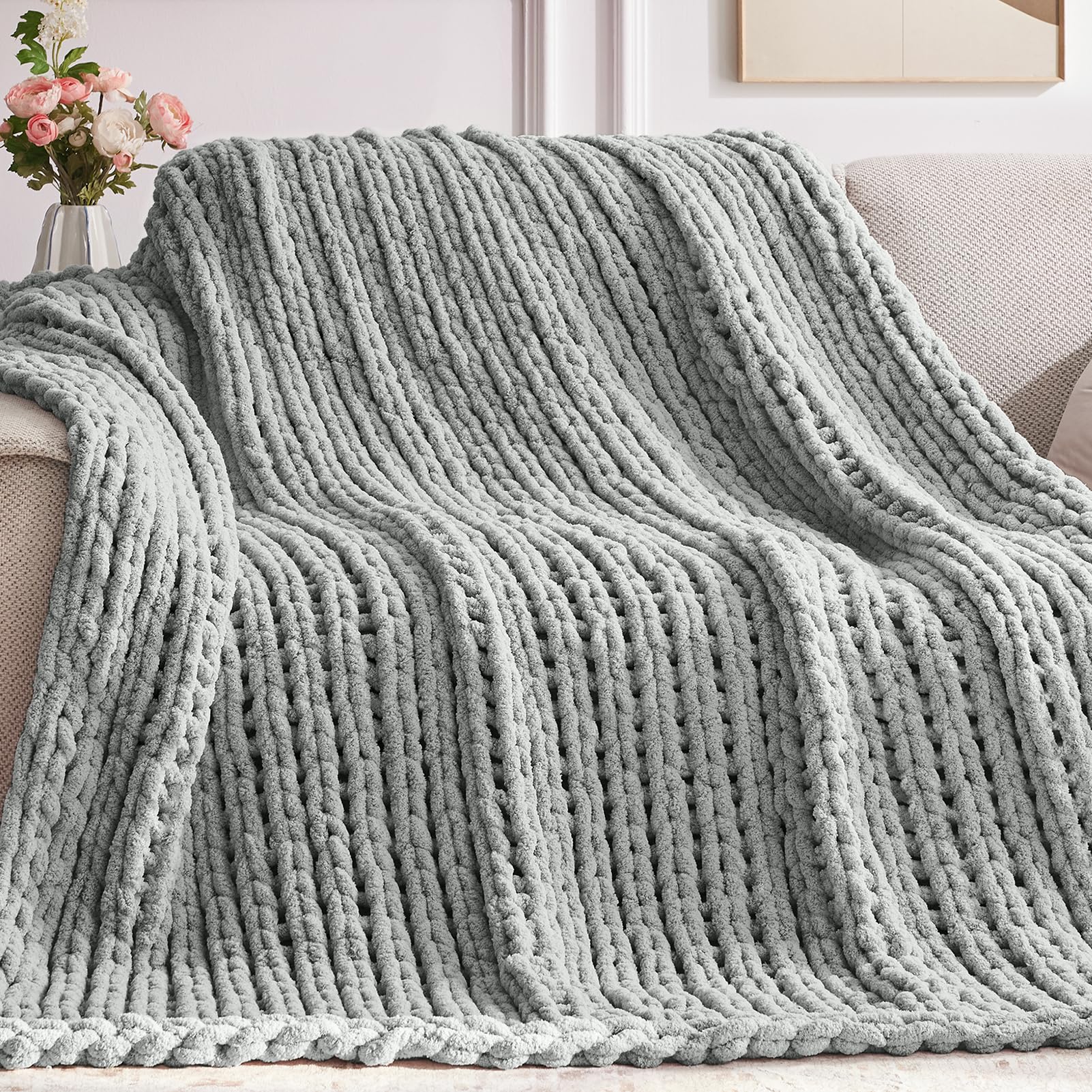 Photo 1 of Negwoo Chunky Knit Throw Blanket, 60''*80'' Knitted Throw Chenille Yarn for Bed Couch, Handmade Light Grey Crochet Big Thick Blanket, Machine Washable Cute Comfy Blanket for Home Decor